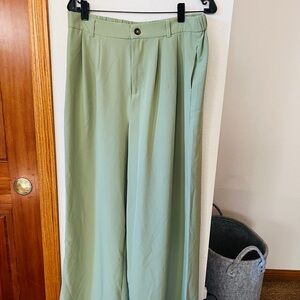Women’s Sage Green Wide Leg Pants XXL High Waist Pull On Elastic Back Pockets